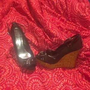 BCBGirls 9.5 brown wedge peep toe with ankle strap